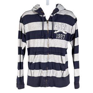 Vintage Y2K Aeropostale Y2K Mens L Navy Gray Striped Full-Zip Hoodie Sweatshirt